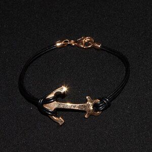 Bronze Anchor on Black Leather Bracelet 8"